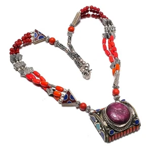 Natural Ruby(Simulated), Coral 925 Sterling Silver Jewelry Necklace 18" R897 - Picture 1 of 5