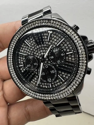RARE Michael Kors Crystal Pave Chronograph MK6419 Women's Wren Watch - Black - Image 1 of 4