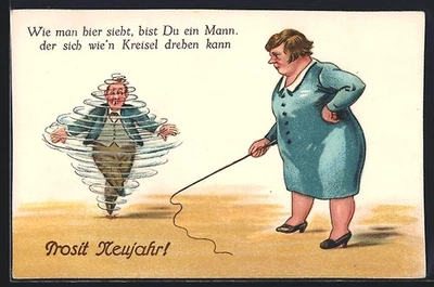 Große Frau spielt mit dem Mann Brummkreisel, Neujahrsgruss, Ansichtskarte  - Bild 1 von 2