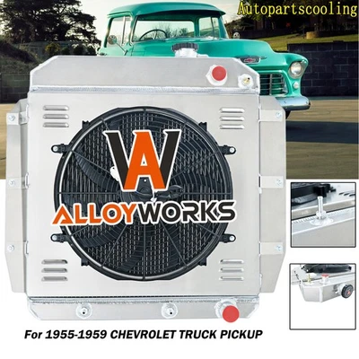 4 Row RADIATOR+SHROUD FAN For 1955-1959 CHEVROLET TRUCK PICKUP ENGINE LS SWAP - Image 1 of 4