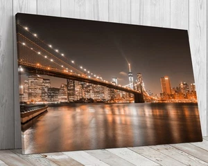 The Beauty Of The Brooklyn Bridge at night mounted canvas print ready to hang - Picture 1 of 10