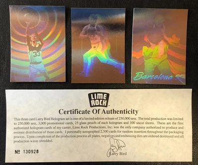 Juego de 3 cartas de baloncesto Larry Bird 1992 holograma de roca de lima edición limitada con certificado de autenticidad Foto 1 de 4