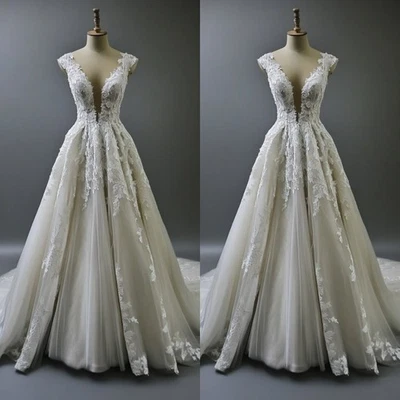 Preciosos Vestidos de Novia Apliques de Encaje Línea Una Playa Vestidos de Novia Barrido Tren Foto 1 de 4