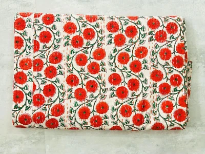 Colcha colcha india hecha a mano de algodón kantha con estampado de bloques tamaño king Foto 1 de 4