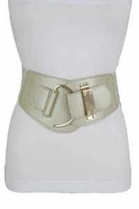 Women Stretch Waisted Wide Bulky Champagne Belt Big Gold Hook Buckle L XL XXL - Picture 1 of 23