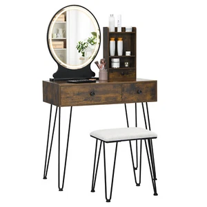 Vanity Table Set W/ Cushioned Stool Lighted Mirror & Storage Drawer Shelf Brown - Picture 1 of 8