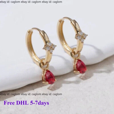 Real Pure 18K Yellow Gold Natural Ruby Diamond Earrings Circle Hoop Women - Image 1 of 4