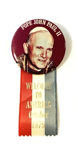 1979 Sua Santità Papa Giovanni Paolo II Benvenuti in America 3 pollici bottone spilla nastro - Foto 1 di 5
