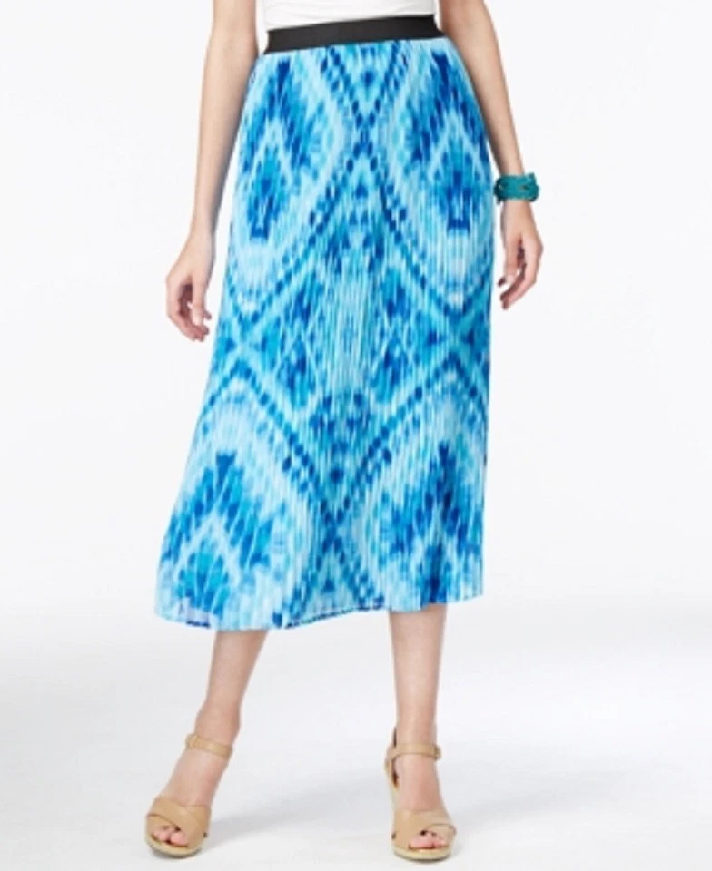 NY Collection Women's Printed Pull-On Pleated Midi Skirt, Ocean Blue, XL - Image 1 of 1