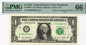 $1 2021 Repeater Serial Number Federal Reserve Note Richmond Fr#3007-E EC Block - Picture 1 of 2