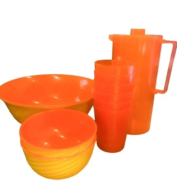 Melamine Yellow Orange 10 pc set summer picnic poolside bowls cups pitcher easy - Image 1 of 4
