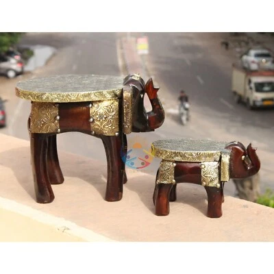Wooden Elephant Stool/Hand Carved Brass Fitted elephant stool/Wooden Stool - Image 1 of 4