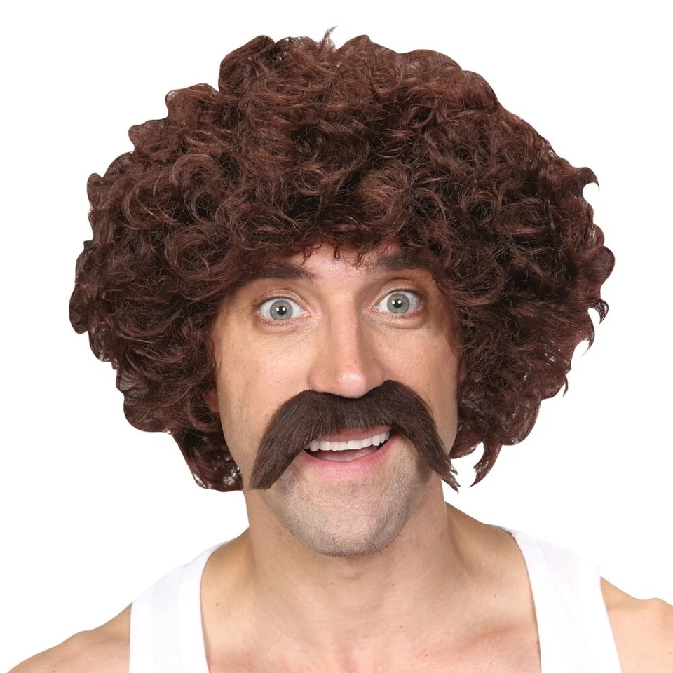 Adulto DIVERTIDA PELUCA DE ATLETA + TASH Runner 118 Tom Selleck años 70 años 80 marrón rizado Foto 1 de 1