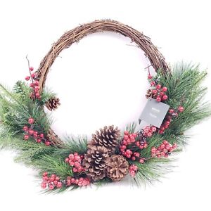 Martha Stewart Farmhouse Asymmetrical Rattan Berry & Pinecone Wreath 18"