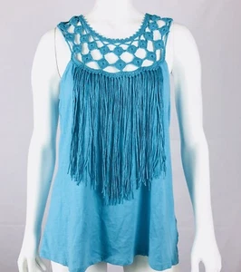 Jessica Simpson Women's Top Size M Blue Curacao Crochet Tae Fringe - Picture 1 of 8