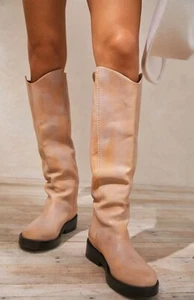 Free People Bryce Reitstiefel Leder hellbraun nackt marmoriert klassisch 38/8 NEU - Bild 1 von 15