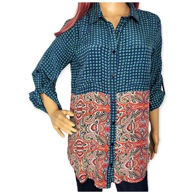 TOLANI 女式丝绸纽扣拼色衬衫 S 码海军蓝粉色 — 第 1/4 张图片