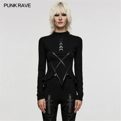 PUNK RAVE Mujeres Negro Corto Ajustado Manga Larga Camiseta Gradiente Estampado Luna Prendas para el torso Foto 1 de 4