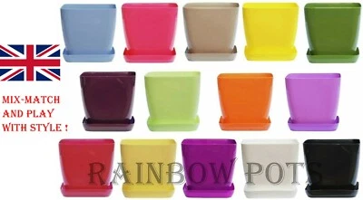 Modern Plastic Plant Pots Flower 16 Colours Decor Square Gloss Orchid Saucer - Image 1 of 2