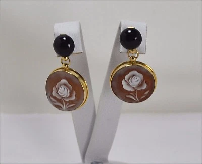 Pendientes de Oro Amarillo 18KT Con Ónix Y Camafeos De Sardónico Rosas Oght 0104 - Imagen 1 de 3