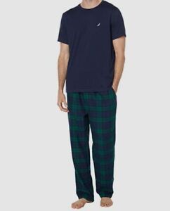 $75 Nautica Mens Blue/Green Plaid Shirt Pants Lounge Pajama Set Sleepwear Size S