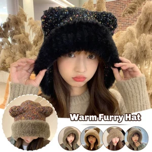 Women Winter Fluffy Hats Cute Cat Ear Knitted Thick Velvet Warm Earflap Cap - Picture 1 of 39