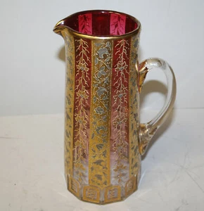 Moser Cranberry Art Glass Pitcher Done in Cranberry, Gold and Platinum - Picture 1 of 5