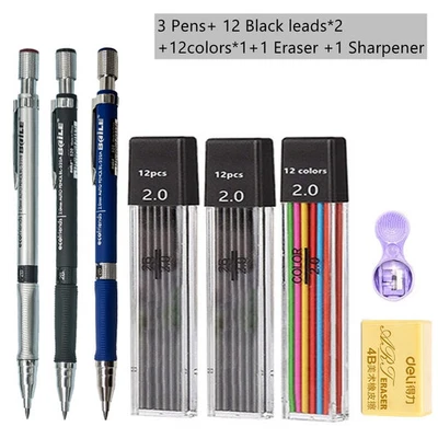 Set of Mechanical Pencil Set 2.0mm with 2B Black + Colors Lead Refills 3 Pencils - Image 1 of 4