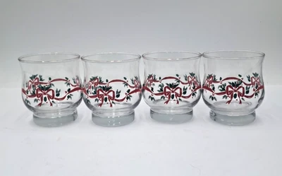 Vtg Christmas Whiskey/Cocktail Glasses 4pc Libbey Holly Berry & Ribbon Gold Rim - Image 1 of 4