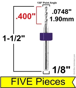 1.9mm .0748" Solid Carbide Drill Bits  1/8" Shank FIVE Pieces 1.90mm  R/S - Picture 1 of 4