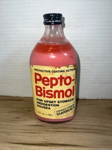 VINTAGE 60s Full Pepto Bismol 16 FL. OZ. 3 Sided Glass Bottle Not For use - Picture 1 of 6