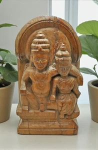 Antica statua in legno dio Shiva Parwati idolo statuina originale vecchia auto a mano fine - Foto 1 di 8