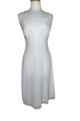 De colección Años 70 Munsingwear Blanco Satinado Chemise Slip con Acentos de Encaje Blanco, Talla 36 Foto 1 de 4