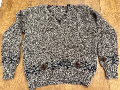 Suéter de Lana Hecho a Mano Tejido a Mano para Mujer M/L Marrón Floral Cuello en V Grueso Cabina Foto 1 de 4