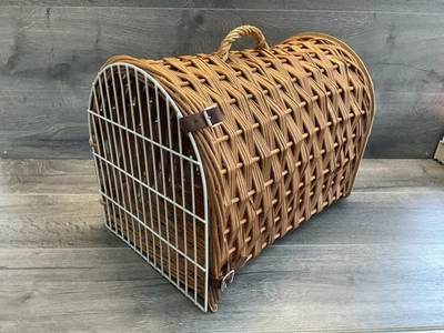 Cesta de mimbre portador de animales para mascotas gato perro natural tejido y mango correas de cuero Foto 1 de 4