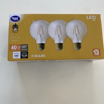 Great Value LED G25 Globe 40Watt Amber  Dimmable Medium Base Glass Bulbs 3pk - Image 1 of 4