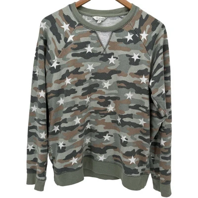 Sudadera Lucky Brand Mujer Grandes Estrellas Camuflada Verde Pullover Mangas Largas Foto 1 de 4