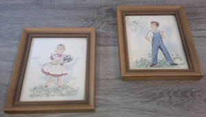 Vtg MCM Pair Of Hand Water Colored Framed Prints Boy & Girl Lambert Cottagecore - Picture 1 of 14