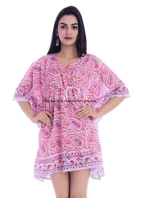 Kaftan En Coton Imprimé À La Main Indien Court Vêtement De Plage Nuit Maxi - Photo 1/4