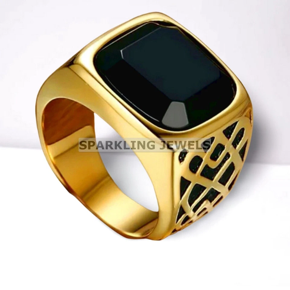 Cojín VVS de ónix negro con anillo enchapado en oro de plata de ley 925 para hombre #C447 Foto 1 de 4