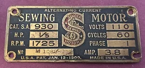 Rare Machine Tag: 1909 SINGER Sewing Machine 1/5th HP Motor; Industrial Model - Picture 1 of 2