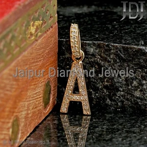 A Letter Charm Solid 14k Yellow Gold Jewelry Natural Diamond Alphabet Pendant - Picture 1 of 10