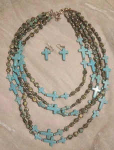 Turquoise Beaded Cross Gold 5 Layer Adjustable Fashion Necklace & Cross Eearings - Picture 1 of 6