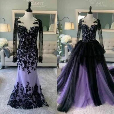 Mermaid Wedding Dress with Detachable Tail Black Purple Gothic Bridal Gowns - Image 1 of 4