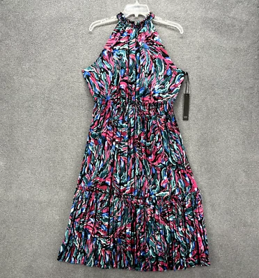 Nicole Miller Dress Women Large Pink Green Floral Halter Sleeveless Pleated - Image 1 of 4