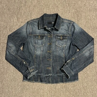 Kut From The Kloth Womens M Jean Jacket Trucker Denim Raw Hem Stretch Dark Wash - Image 1 of 4