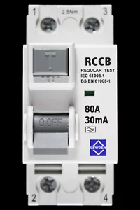LEWDEN 80 AMP 30mA DOUBLE POLE RCCB TYPE A 80/30/2A - Picture 1 of 7