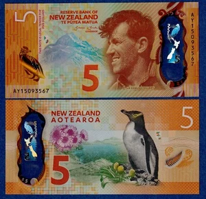 New Zealand $5 (2015) P-191 UNC Polymer - Sir Edmund / Yellow-eyed Penguin - Picture 1 of 5