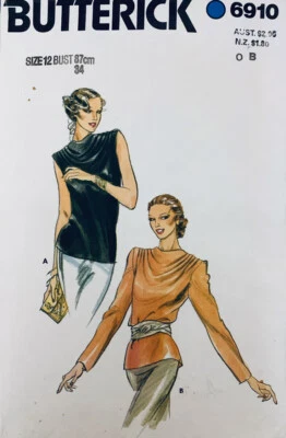 Vintage Butterick Pattern 6910 | Misses Draped Cowl Neck Button Back Top Size 12 - Image 1 of 3