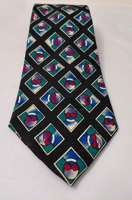 Corbata clásica vintage Bugle Boy para hombre 56" x 4" azul verde negra geométrica Foto 1 de 4